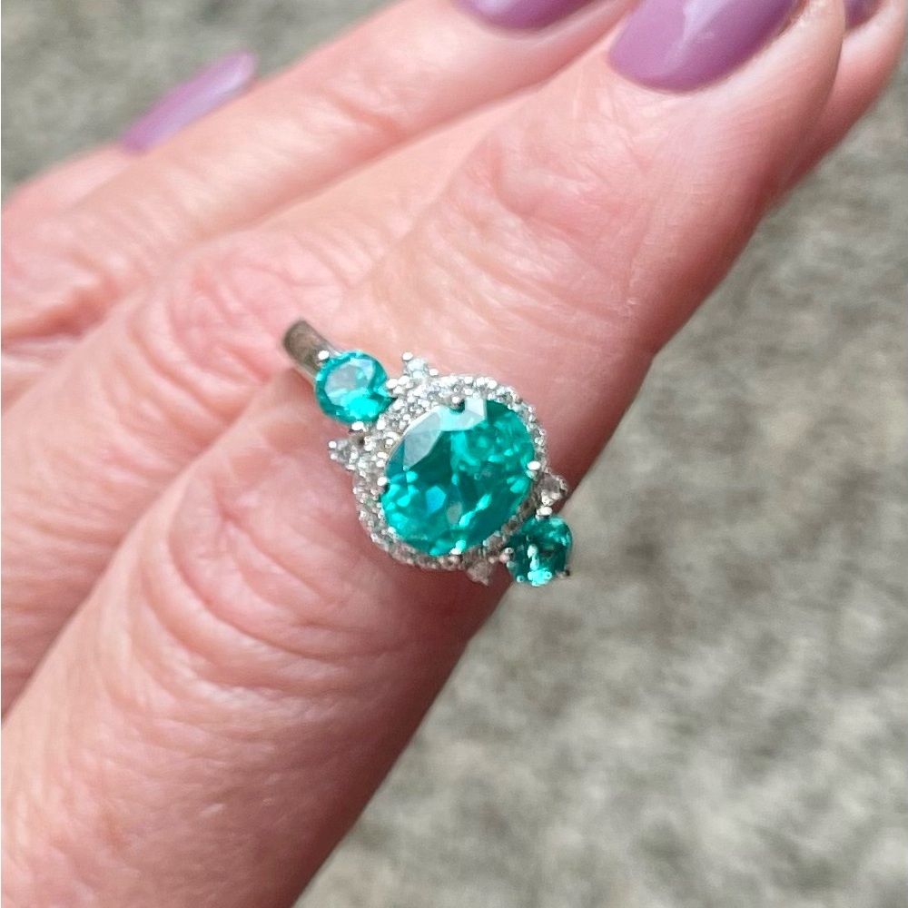 Elegant Sterling Silver and bright Aqua Gemstone RingLab Diamonds Sz 7 JBL 925 - Picture 5 of 9